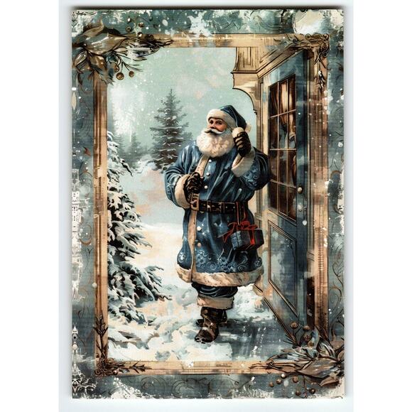 Vintage Blue Coat Santa Claus Outside Christmas Lithograph Postcard 5.5x4" - Picture 1 of 2